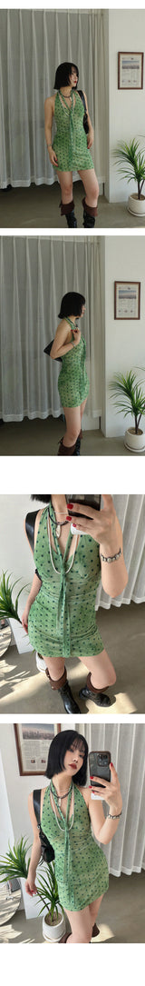 SHOT DOT HALTER MINI DRESS WITH TIE SCARF SET