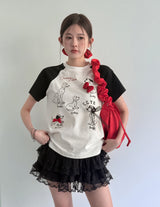 スイートパピーリボンプリントクロップドTシャツ