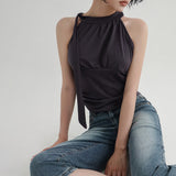 [Seaton] tie shirring halterneck sleeveless - 4color