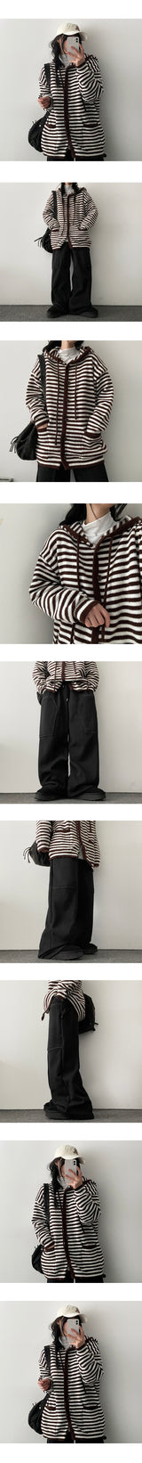 Depot Loose Stripe Hooded Knit Cardigan