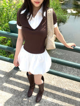 Cafe レイヤードピンタックシャツ ブラウン 半袖Tシャツ (Brown)