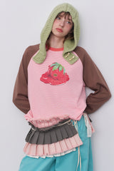 Riverstone Plus Fruit Print Raglan Sleeve Women's T-shirt, New Autumn Contrast Stripe Long Sleeve Top