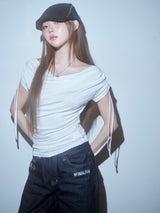 Meow Summer draping shrring Boat neck Top