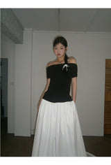 Black Macaron Bow Off Shoulder Tee