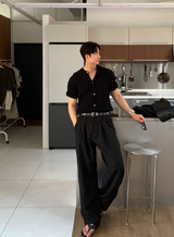 No-Mace Back Banding Two-Tuck Linen Wide Pants