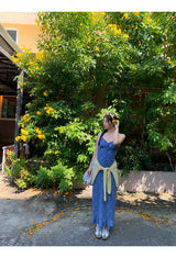 blue floral sleeveless chiffon long dress