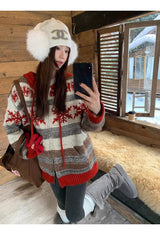 Red Snow Stripe Hooded Knit Zip-Up