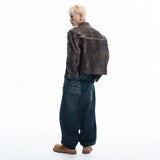 Washed Line Leather Jacket - BROWN