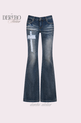 Cross-washed long semi-bootcut denim