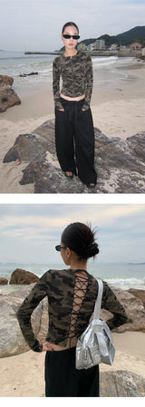 Camo plage back strap long-sleeve zip-up T-shirt