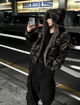 Dark camo semi-crop hooded fur jumper! + dark brown fur trim.