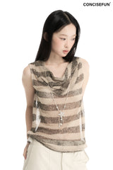 CONFUN Striped Hollowed Collar Loose Backless T-Shirt