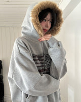 America Dirty Printing Brushed Fur Hood Zip-Up