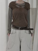 Checkered shirring knit layered long sleeve set