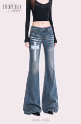 Cross-washed long semi-bootcut denim