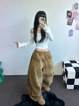 ミンクフリース🐑ビッグコーデュロイパッチバルーンパンツ❤🤍🖤🤎4カラー