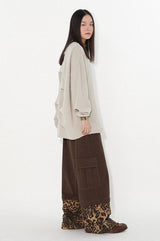 Detachable leopard print casual pants with multiple pockets and splicing design