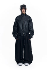 High Neck Leather Crop Jacket - Black