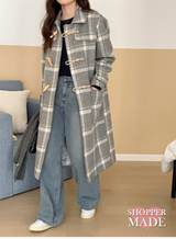[SHOPPERMADE] アッシュグレーチェックウールロングダッフルコート
