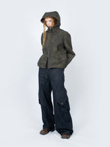 Curved Hood Leather Jacket (Khaki Black)