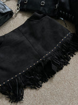 Arven Western Fringe Suede Metal Studded Mini Skirt (2 colors)