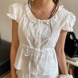 Robenu puff-shoulder frill lace short-sleeve blouse (4 colors) – date look / summer blouse