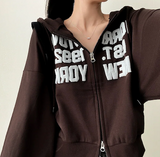 New York Lettering Two Way Cropped Hooded Zip-Up