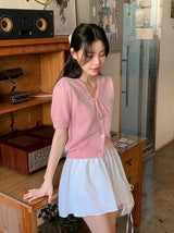 Pastel Pogeun Ribbon Short-Sleeved Knit Cardigan (3color)