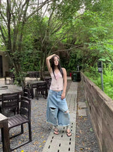 ピンクストライプレースアップノースリーブTシャツ