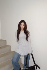 Trendy lace frill long-sleeved shirring T-shirt