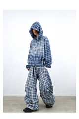 RELABEL (Gemeng) スタッドエンベリッシュドプリントグラディエントウォッシュチェックフードデニムスウェットシャツ