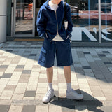 LMN City Oversized-Fit Hooded Zip-Up Cargo Shorts Set (7 colors)