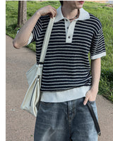 Windy Buckle Stripe Collar Short Sleeve Knit