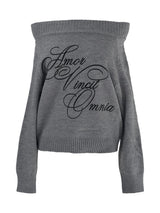 gray lettering off-shoulder knit