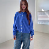 Loose Fit  Round Neck Knit Cardigan _Blue