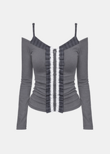 Lauren Check Frill Lace Button T-shirt