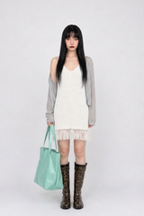 FRINGE-HEM KNIT V-NECK DRESS IN WHITE