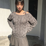 Uns リボンストラップ オフショルダー ルーズフィット ツイストニットウェア
