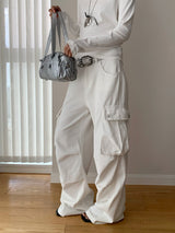 white overall pocket wide casual pants