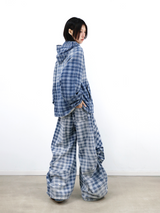RELABEL (Gemeng) Flower Bud Balloon Check Print Draped Loose-Fit Crinkled Gradient Washed Denim Trousers