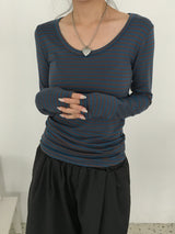 Wish Stripe U-Neck Long-Sleeve T-Shirt (6c)