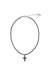 Black silver natural stone cross necklace