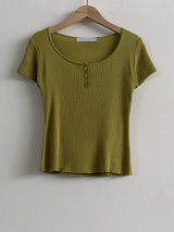 Lua Round Neck Button Ribbed Short Sleeve Knit Top 8 Colors