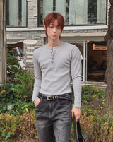Kanden Ribbed Henley Neck Slim Long Sleeve T-shirt