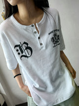 バーシュワッフルヘンリーネックレターグラフィックTシャツ 3カラー