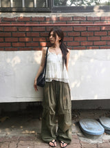 Mealing Frill Button Lace Flared Sleeveless Blouse