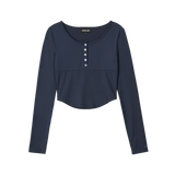Nylon Buttoned Crop T-shirt [Fabric by ITALY] - NAVY