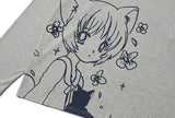 キャットガール & フラワー長袖Tシャツ - グレー