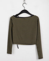 Seble one-shoulder unbalance strap striped long-sleeved T-shirt
