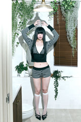 Stripe cropped hooded zip-up shot pants set-up two-piece